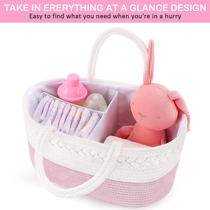 Diaper Caddy Organizer, Cotton Rope Nursery Baby Basket, Changing Table Organizer for Baby Diaper Storage, Diaper Nursery Storage Bin for Baby Stuff, Baby Shower Gifts for Girls, Pink