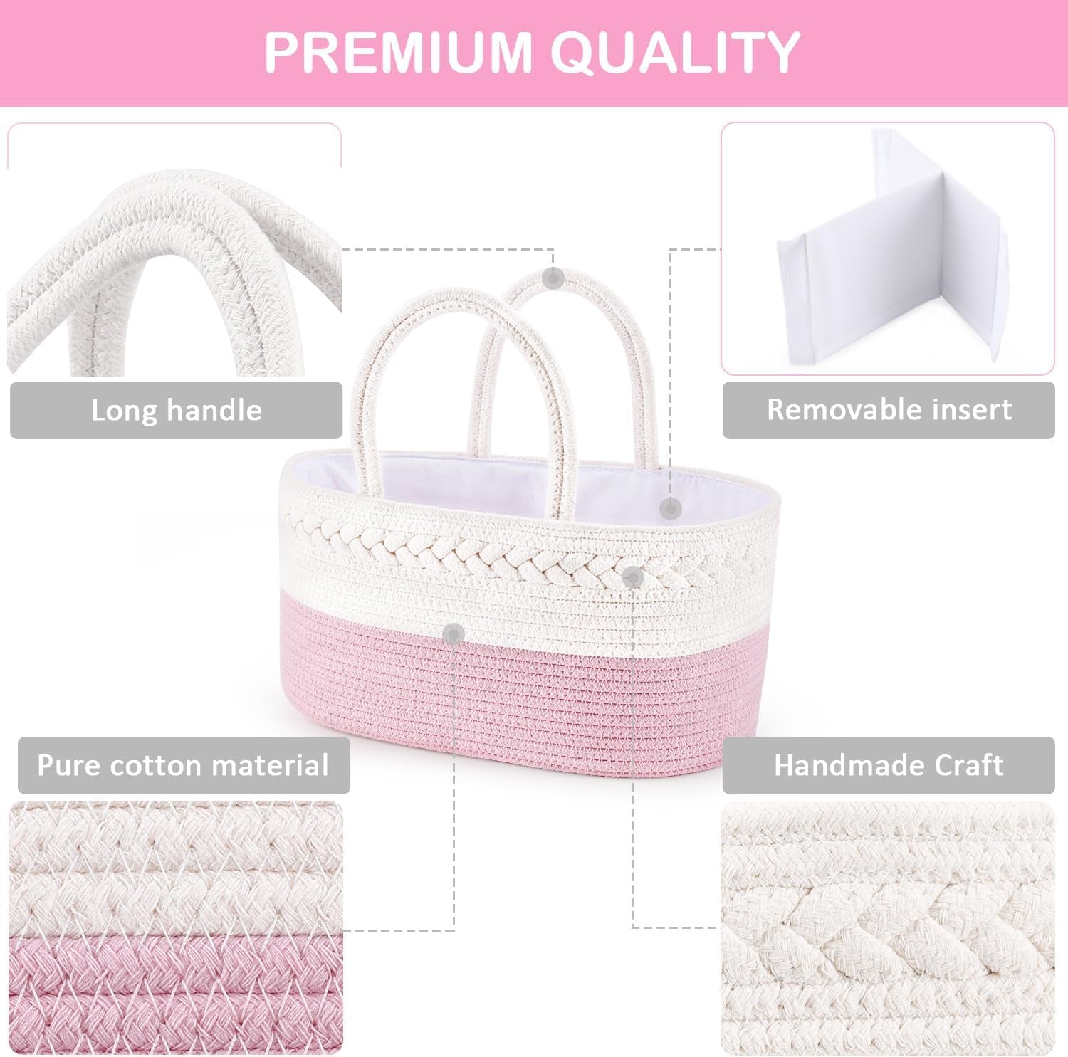 Diaper Caddy Organizer, Cotton Rope Nursery Baby Basket, Changing Table Organizer for Baby Diaper Storage, Diaper Nursery Storage Bin for Baby Stuff, Baby Shower Gifts for Girls, Pink