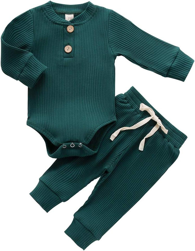 Newborn Baby Boy Girl Clothes Ribbed Knitted Cotton Long Sleeve Romper Long Pants Solid Color Fall Winter Outfits