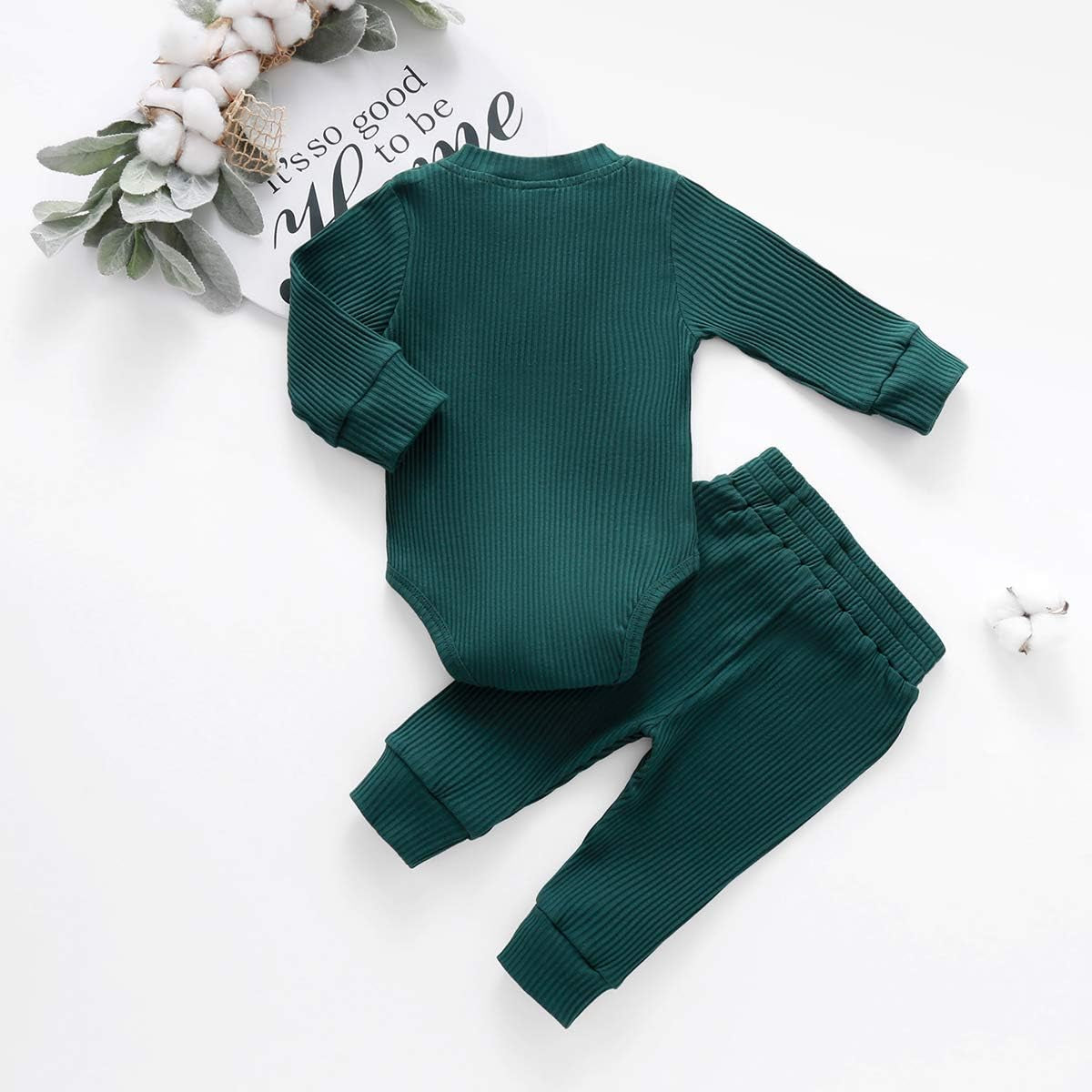 Newborn Baby Boy Girl Clothes Ribbed Knitted Cotton Long Sleeve Romper Long Pants Solid Color Fall Winter Outfits