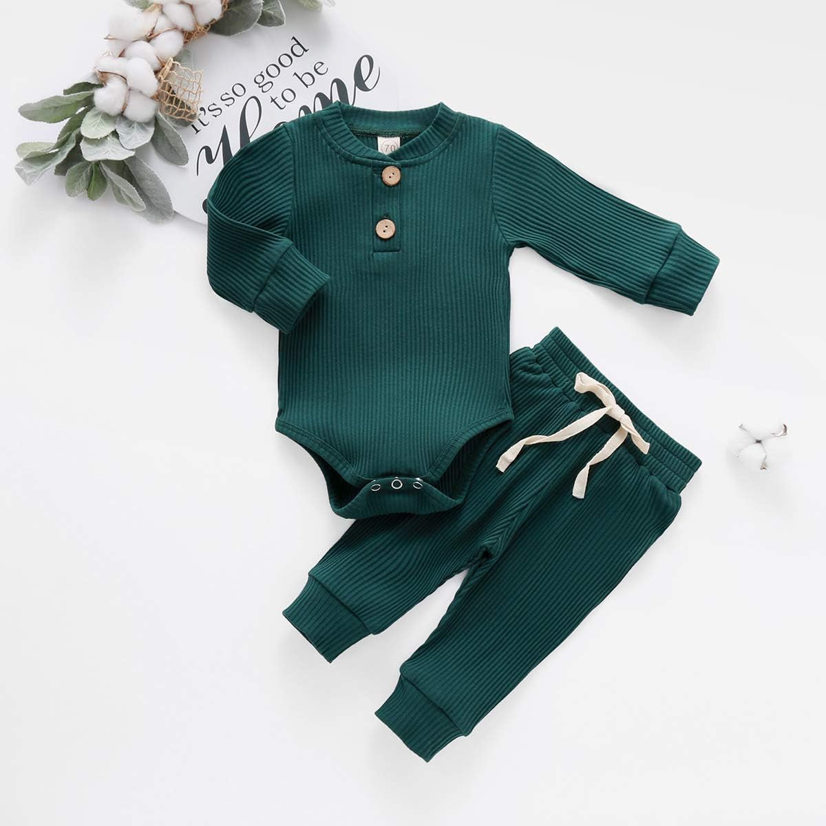 Newborn Baby Boy Girl Clothes Ribbed Knitted Cotton Long Sleeve Romper Long Pants Solid Color Fall Winter Outfits